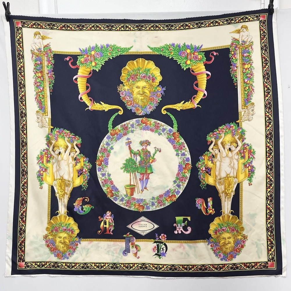 Vintage Atelier Versace Silk Fabric Panel GARDEN Series 1993 Navy Needs TLC